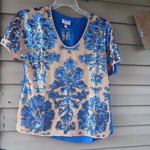 Neiman Marcus Blue Sequin Embroidered Nude Blouse